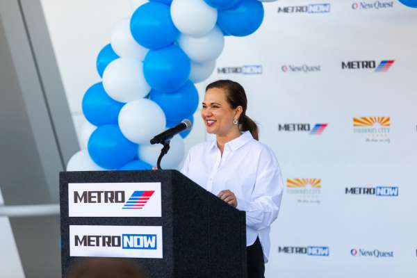 METRO Chair Elizabeth Gonzalez Bock speaks at the Missouri City Park & Ride ribbon cutting.